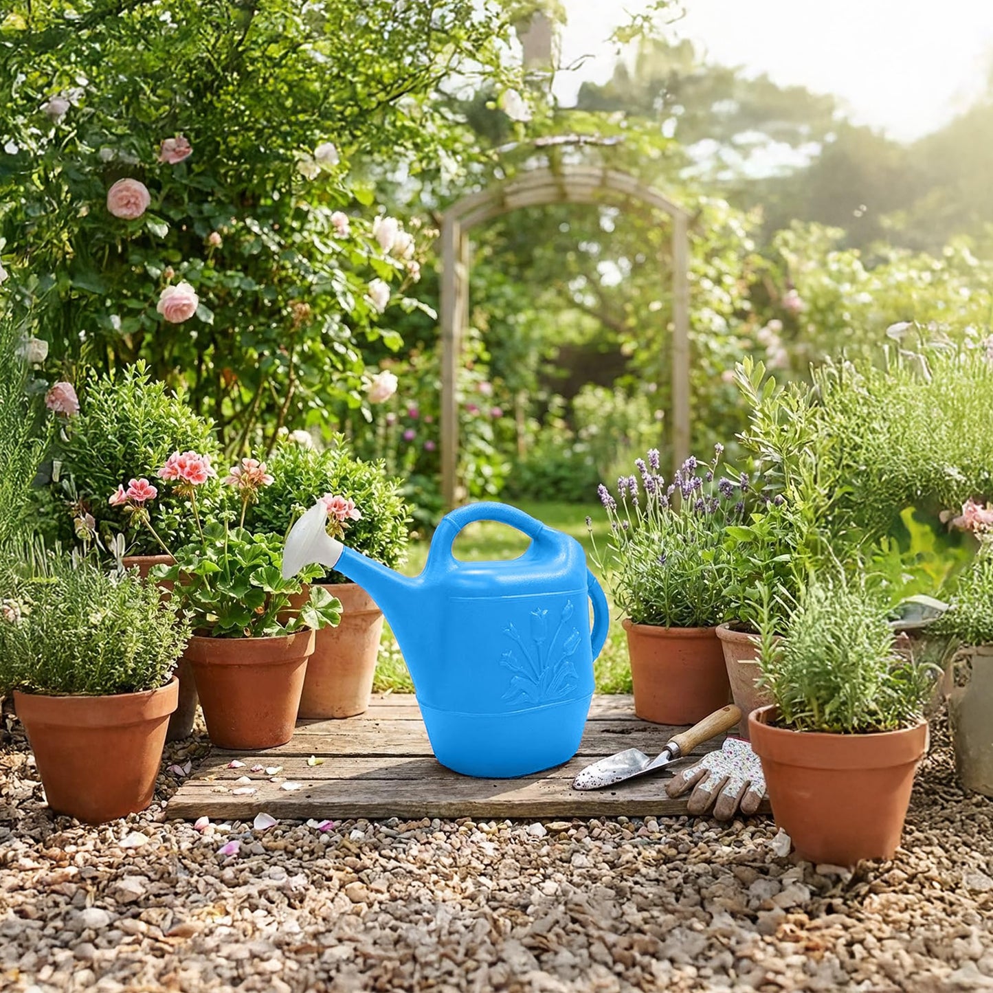 Union Products 63066 2 Gallon Plastic Indoor/Outdoor Watering Can w/ Tulip Design for Garden, Potted Plants, & Patio Pots, Caribbean Blue