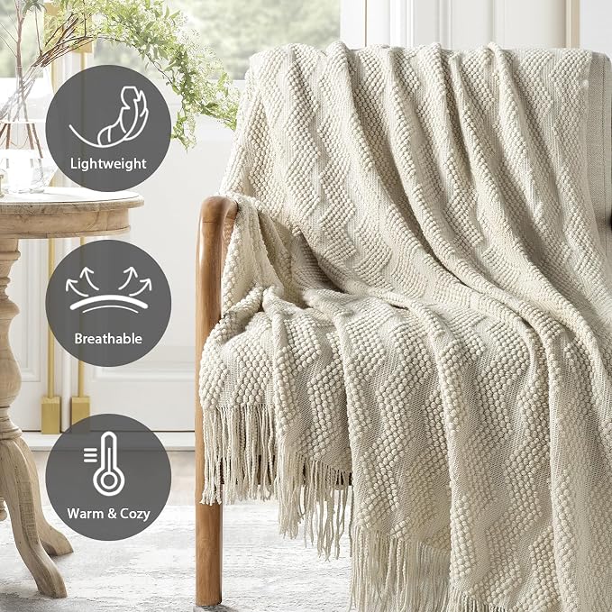 BOURINA Beige Throw Blanket 50x60 Inches Throw Textured Solid Soft Ripple Throws and Blankets for Sofa or Bed Knitted Decorative Throw