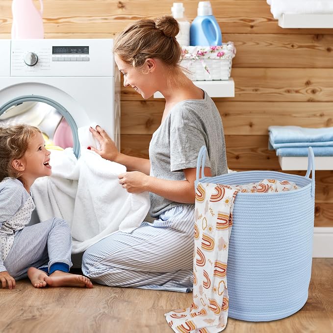 XUANGUO Cotton Rope Laundry Basket Hamper for Clothes Woven Storage Basket for Living Room Bedroom Boho Tall Rope Baskets for Blanket Toys Pillow Towels Baby Nursery Hamper Bin light blue