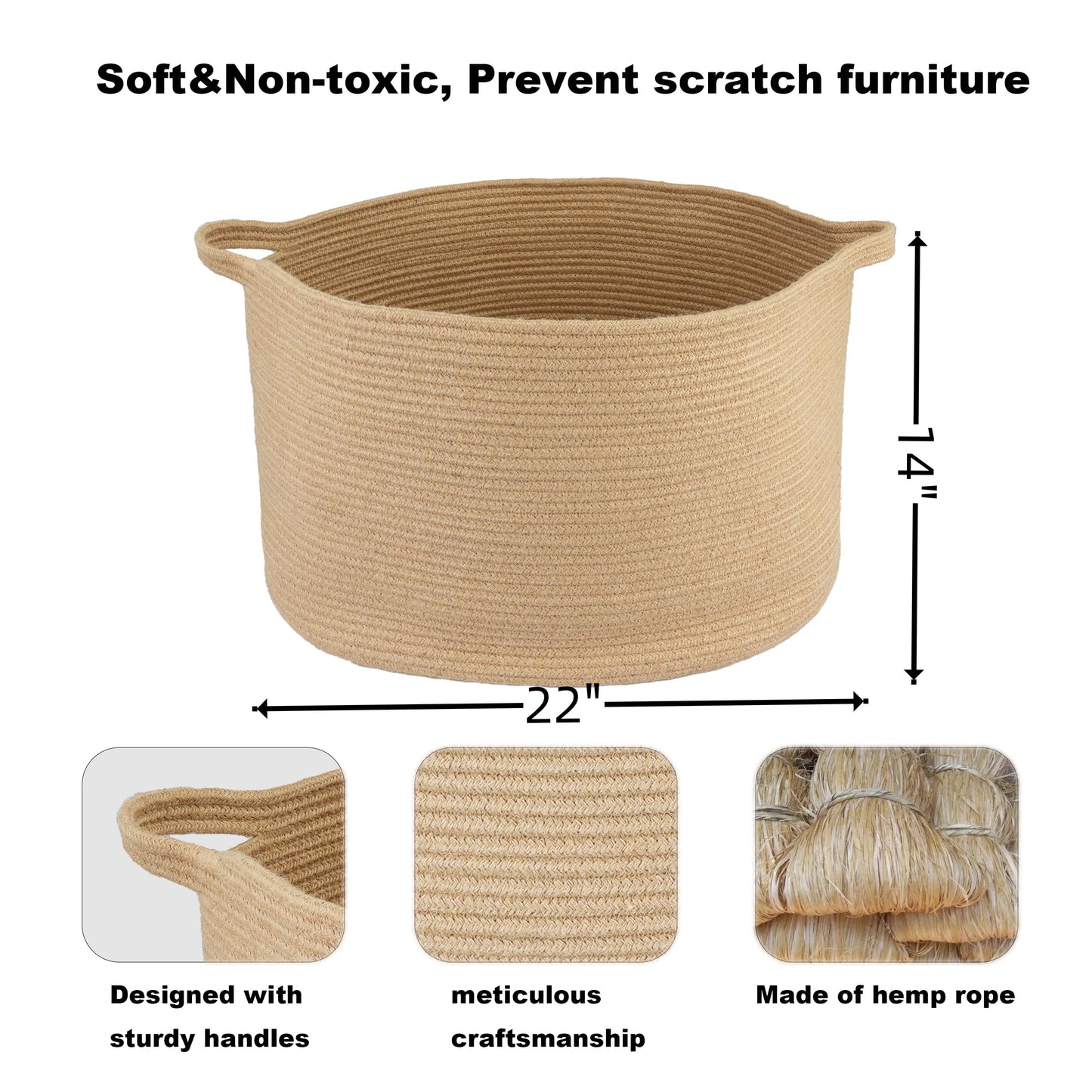 XUANGUO Extra Large Jute Rope Storage Basket Blankets Basket Living Room 22"x12" Toy Baskets for Kids and Dogs Woven Laundry Baskets for Clothes Towels Baby Toy Storage