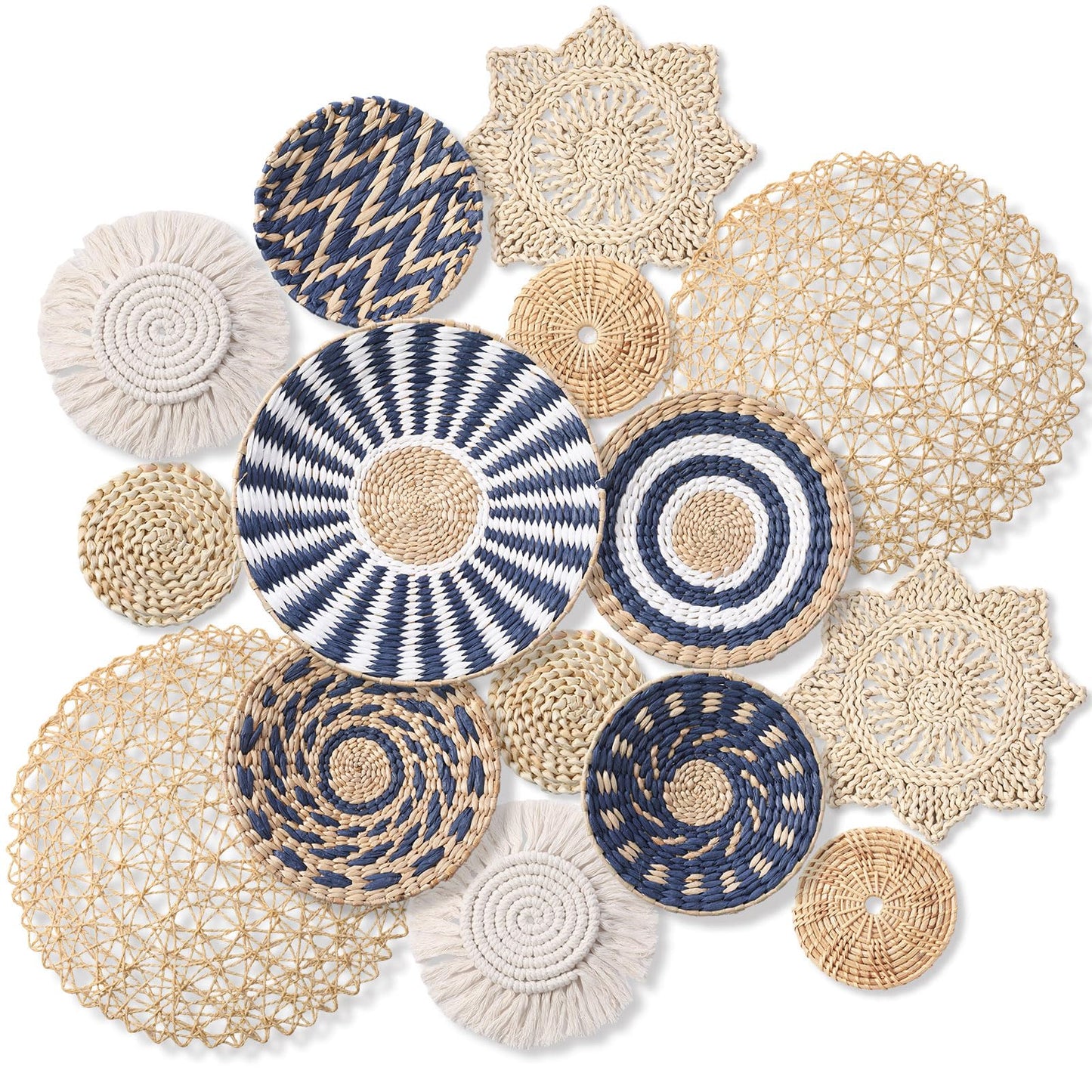 Anglechic 15 Pcs Boho Wall Basket Decor Woven Rattan Seagrass Wall Decor Hanging Rustic Farmhouse Western Art Decoration for Nursery Living Room Bedroom Home Kitchen(Blue Style)
