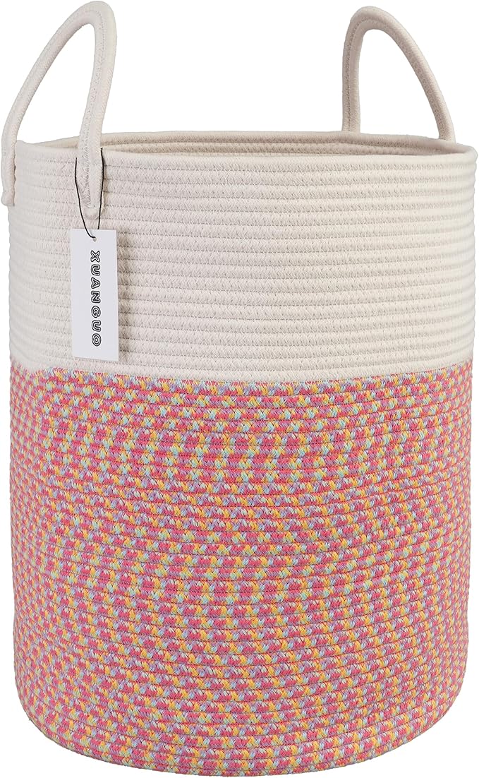 XUANGUO Cotton Rope Laundry Basket Hamper for Clothes Woven Storage Basket for Living Room Bedroom Boho Tall Rope Baskets for Blanket Toys Pillow Towels Baby Nursery Hamper Bin Large (multicolor)