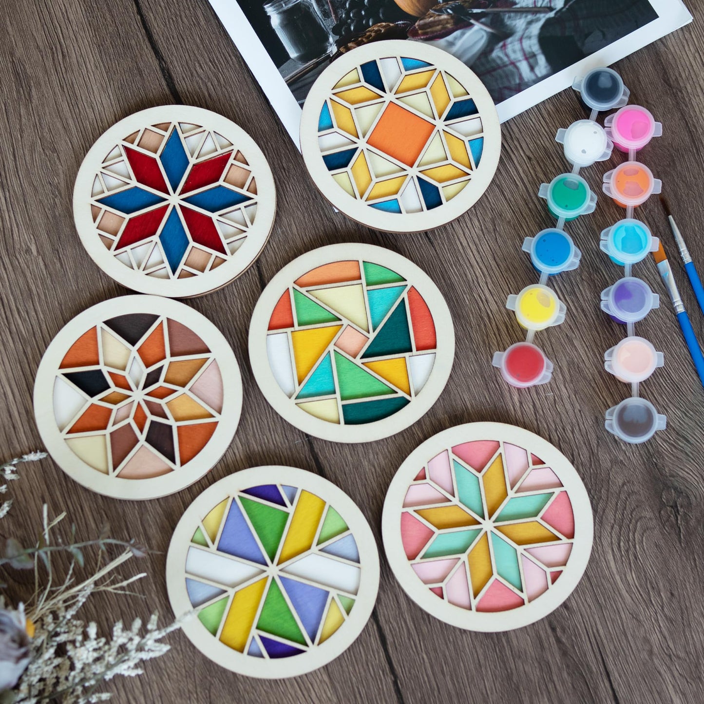 Temlum Wooden Coasters Painting Kit, Paint You Own Coaster Wooden Painting Craft Kit for Adults and Beginners Art Craft Supplies (Barn Quilt)