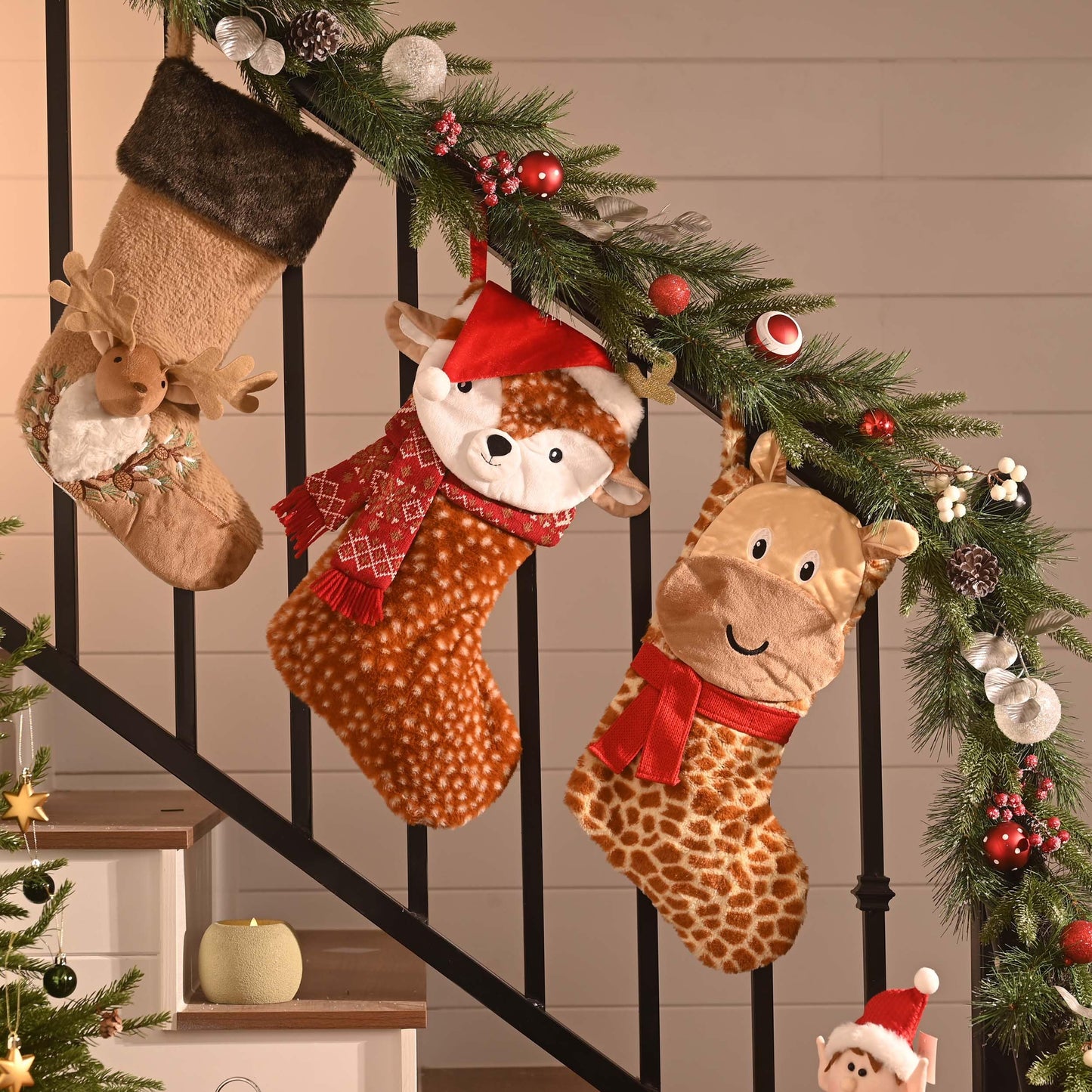Valery Madelyn Christmas Stockings Decorations, 21 Inch Fabric Red Brown Sika Deer Cute Plush Personalized Fireplace Hanging Ornament for Holiday Xmas Party Decor