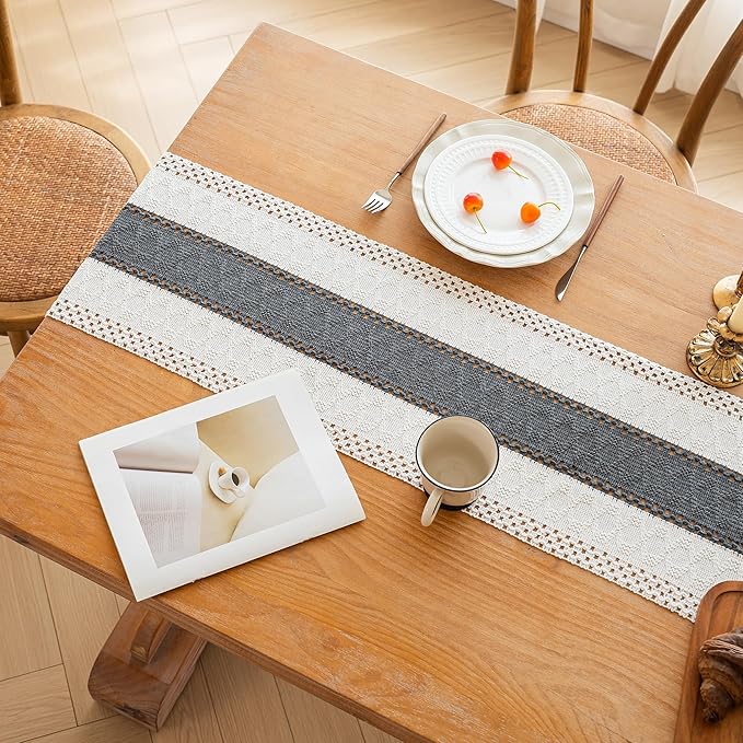 FEXIA Boho Table Runner for Summer Home Decor with Tassels 108 Inches Long Farmhouse Grey Rustic Burlap Table Runner Macrame Table Decoration for Kitchen Bedroom Living Room (12x108 Inches)