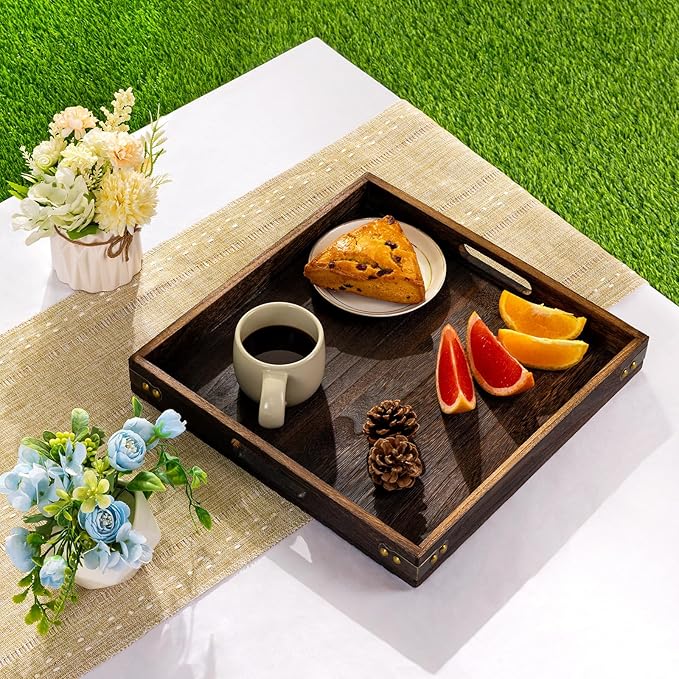 Yangbaga Serving Tray with Handles,13"*13"Wood Decorative Tray for Living Room,Modern Coffee Table Tray,Square Large Serving Platters for Home Decor,Ottoman,Bed,Kitchen,Bathroom, Breakfast,Bar