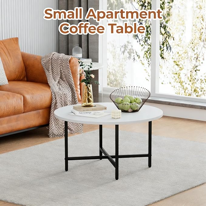 FAMIDGE Coffee Table, 23.6" Coffee Tables for Living Room, Round Coffee Table with Metal Frame, Floor Table for Sitting on The Floor, Home, Office, White