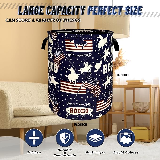 Western Cowboy Laundry Hamper Foldable Oxford Cloth American Flag Laundry Basket With Handle Portable Clothes Storage Organizer Basket 18.9"x16.5" Storage Bag For Laundry Room/Bathroom/Bedroom