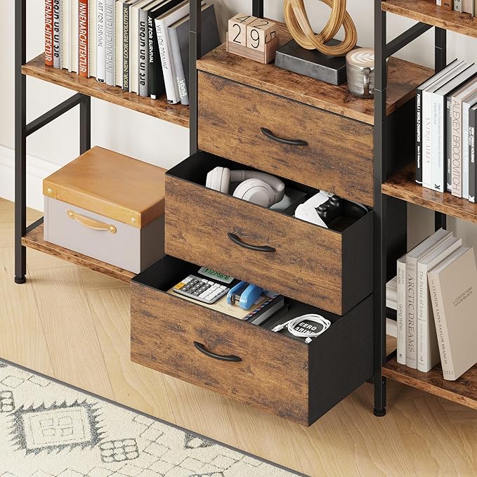 AFLUI Triple Bookshelf with 3 Fabric Drawers, 4-Tier Book Shelf and 10 Display Shelves, Industrial Large Bookcase for Home & Office, Rustic Brown, 59'' Wide