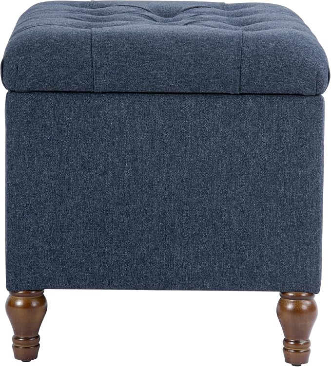 Spatial Order Home Decor | Upholstered Button Tufted Storage Ottoman | Hinged Lid Ottoman with Storage for Living Room & Bedroom | Decorative Home Furniture (Blue Woven Fabric)