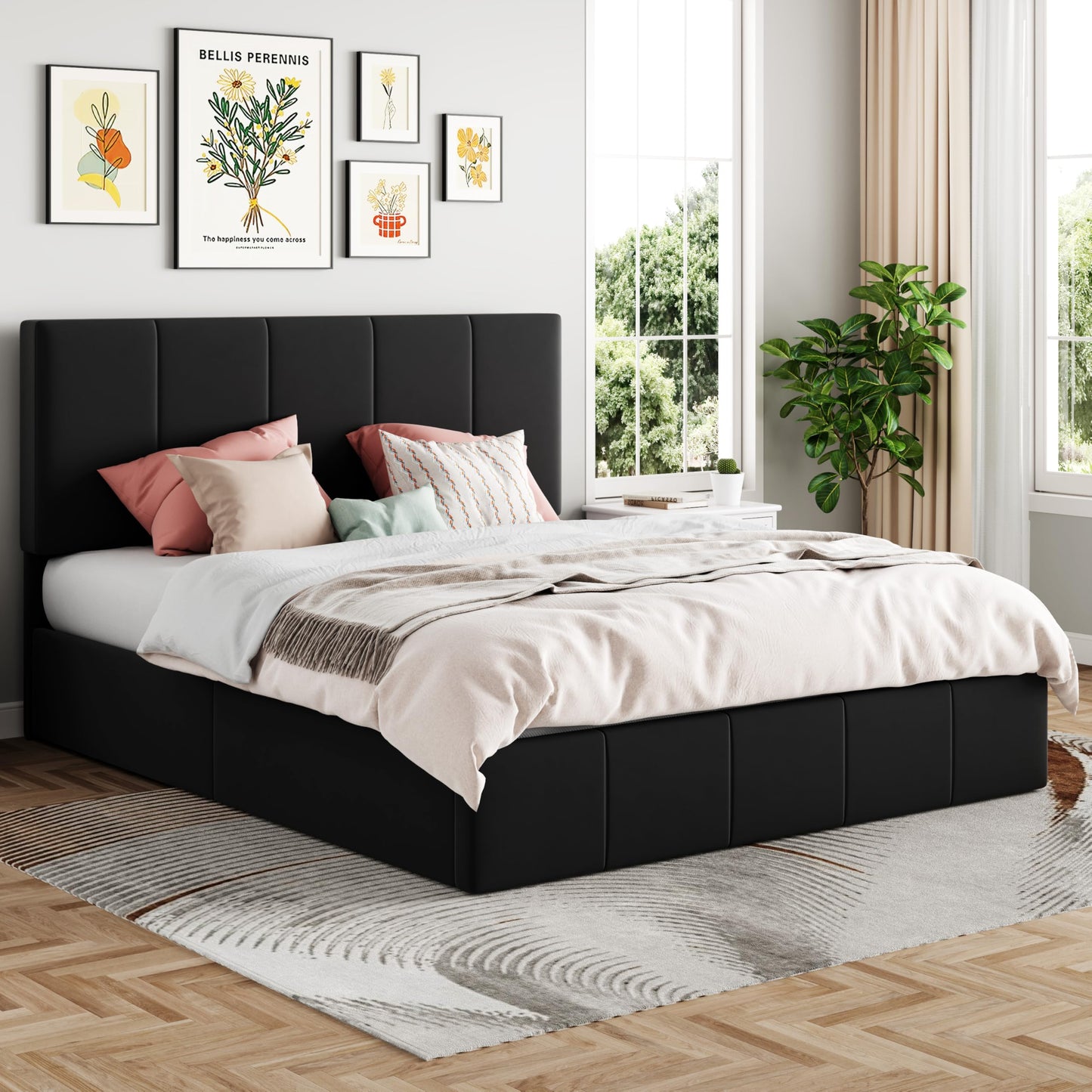 SHA CERLIN Queen Size Lift Up Storage Bed Frame, Adjustable Headboard, Hydraulic Support, Velvet Upholstered, Easy Installation, No Box Spring Needed, Black