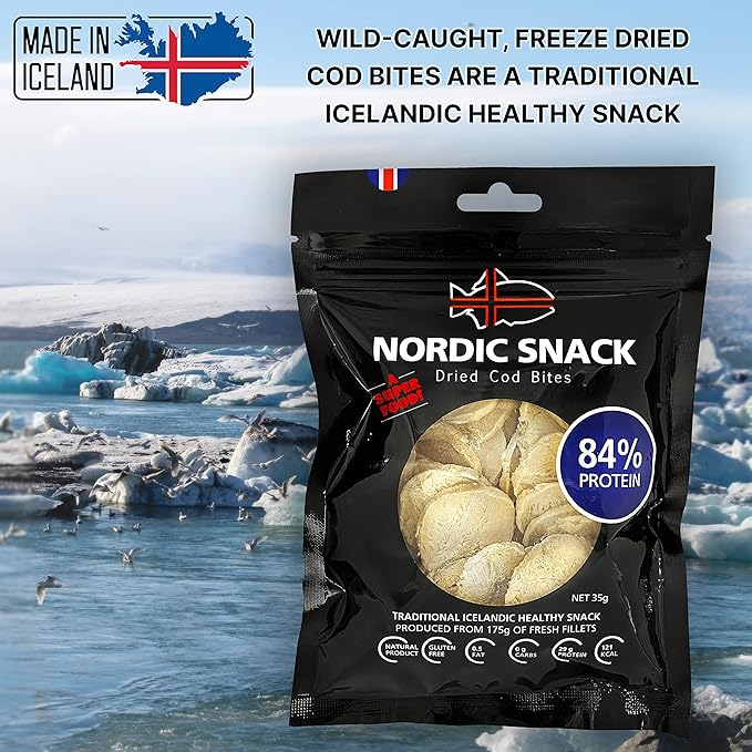 Nordic Catch Freeze Dried Cod Bites - High Protein Crisps Made From Wild-Caught Icelandic Cod Fish - Keto Protein Snacks, High Protein Chips, Healthy Snack with Omega-3s, 35g Resealable Bag - 130 Pack
