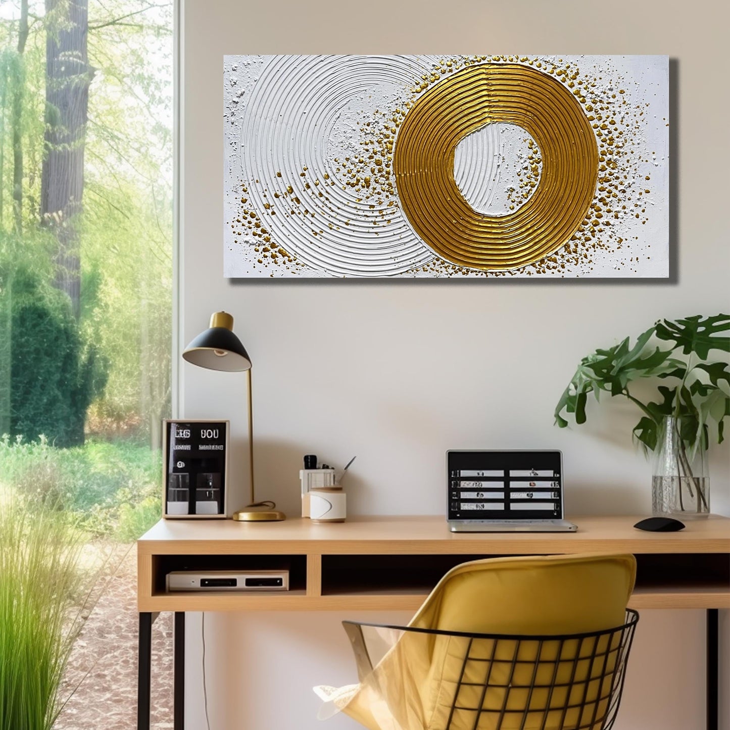 WVMAPTA Abstract Hand Painted Wall Art For Living Room White And Gold Wall Decor For Office Circle Wall Art For Bedroom Size 20 x 40 Inch