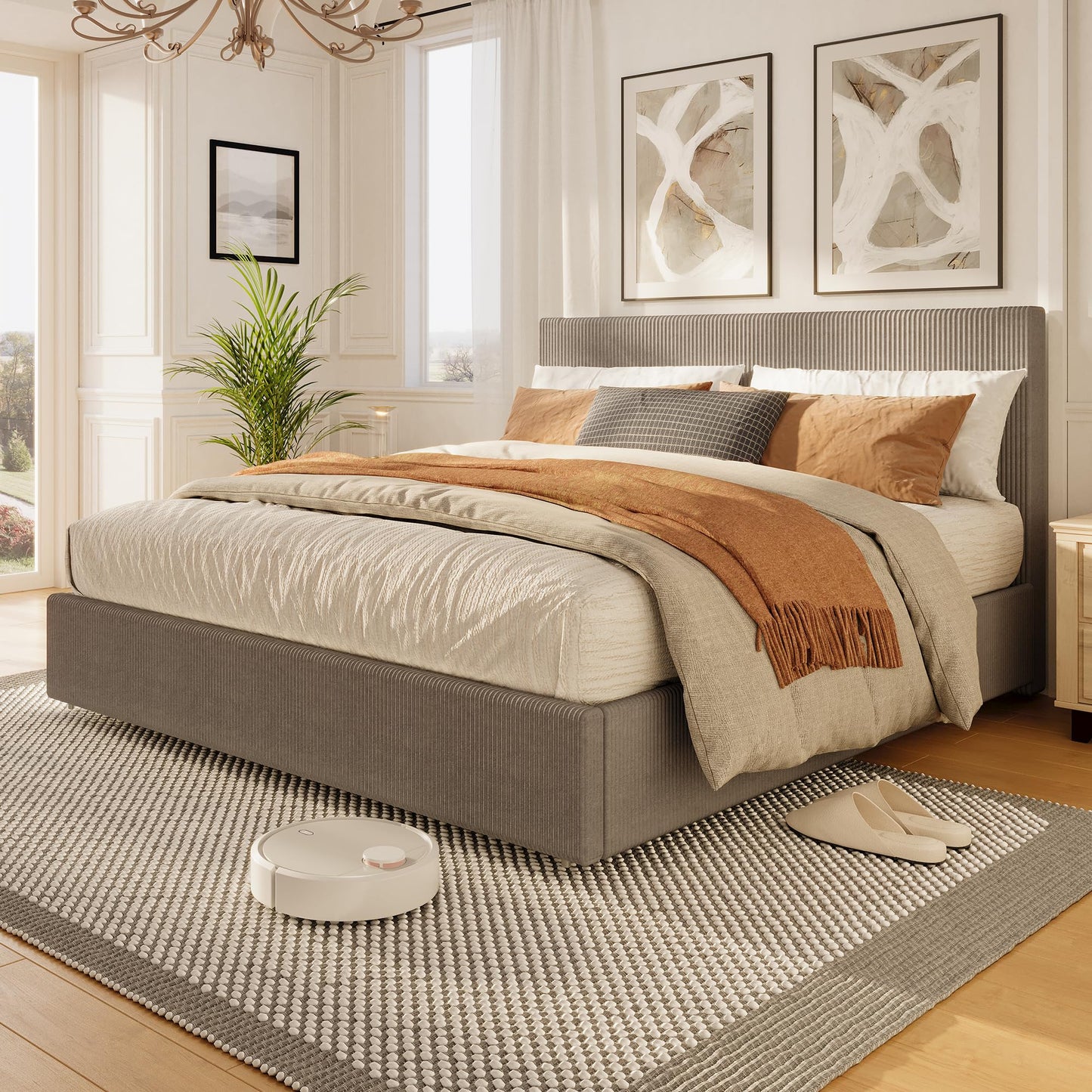 IDEALHOUSE Full Size Bed Frame with Tufted Wingback Headboard, Platform Corduroy Upholstered Bed Frame with 4 Storage Drawers and Wooden Slats Support, No Box Spring Needed, Brown