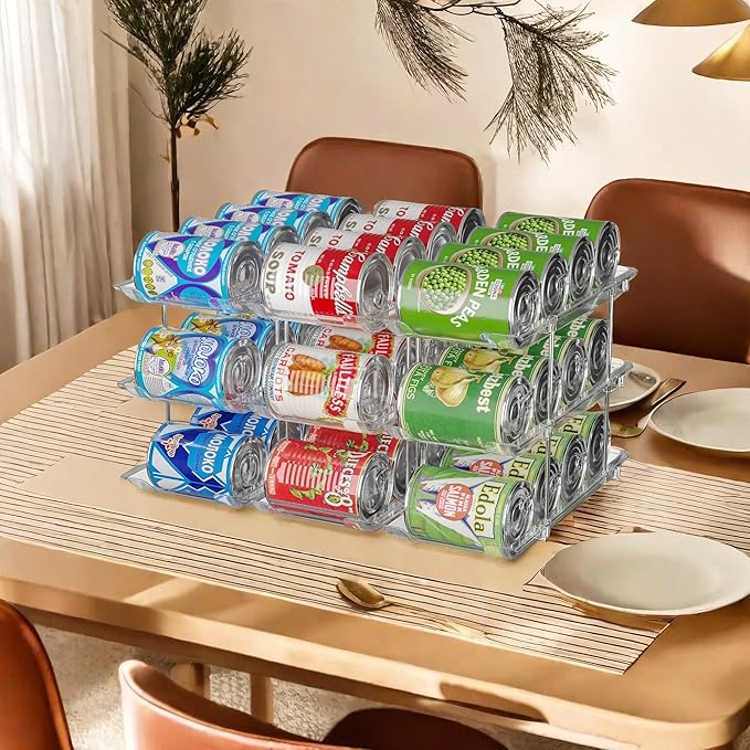 Jsyrjing Can Organizer for Pantry, 3-Tier Stackable Can Dispenser Rack | Automatic rolling, Modular flexible combination, Extra-thick clear material, Cabinet pantry fridge countertop storage
