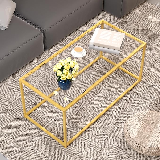 Coffee Table,Tempered Glass Coffee Table,Minimalist Center Table for Living Room,Office,Modern Glass Top Coffee Table with Sturdy Metal Frame & Open Storage, Easy Assembly,Gold