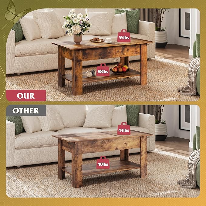 WLIVE Coffee Table, 39" Lift Top Coffee Table with Hidden Compartment, Storage Shelf and Lifting Top for Home Living Room, Office and Reception Room, Rustic Brown