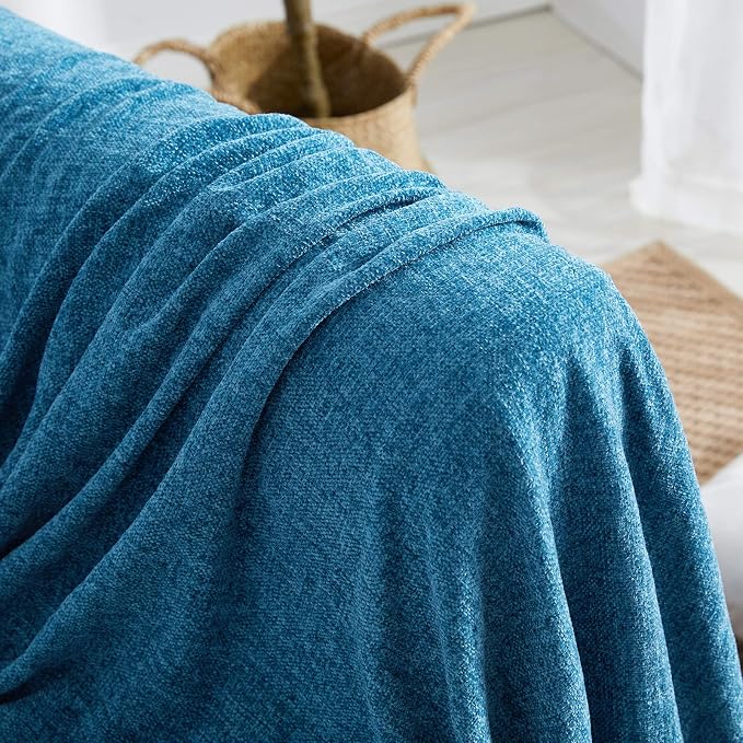 BOURINA Chenille Throw Blanket with Decorative Fringe for Couch Sofa Chair Blanket (50x60 Inches) Dark Blue