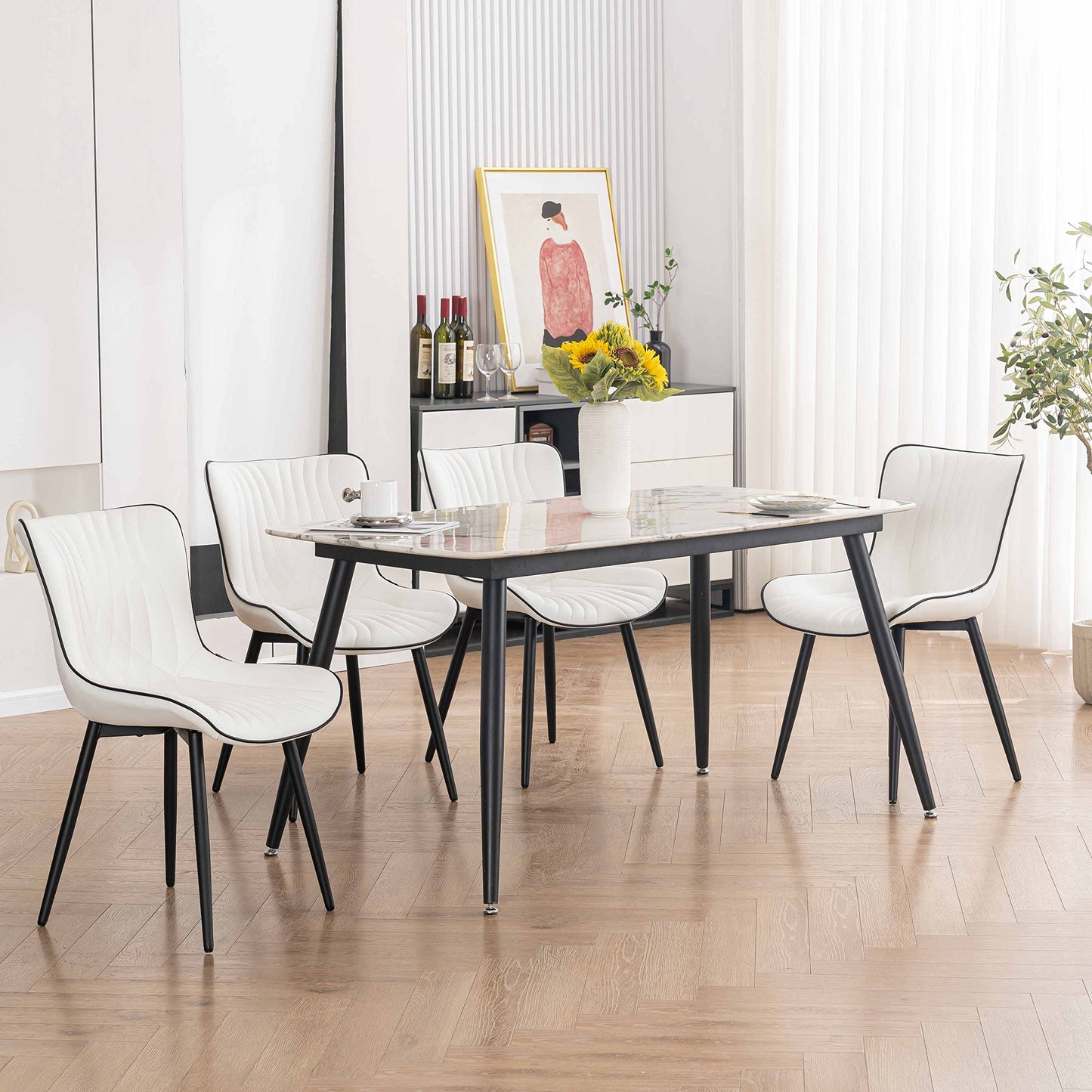 YOUTASTE Dining Chairs Set of 2, Mid Century Modern Upholstered Faux Leather Kitchen Room Chairs, with Black Metal Legs, Armless Accent Chair for Living Room, Bedroom, Vanity, White
