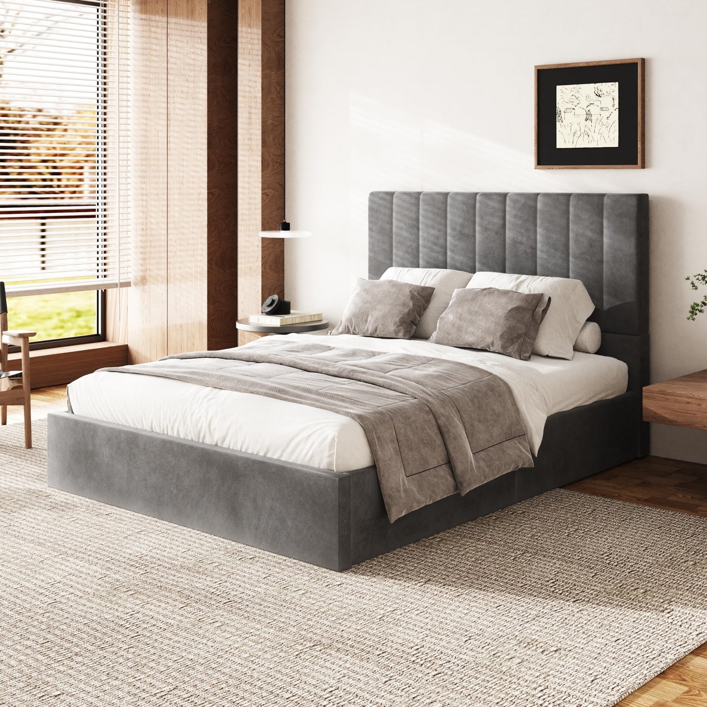 Sismplly Queen Size Cloud Bed Frame with 47" Tall Headboard, Velvet Upholstered Platform Bed with Thickened Sides & Footboard, No Box Spring Needed, Easy Assembly, Dark Gray