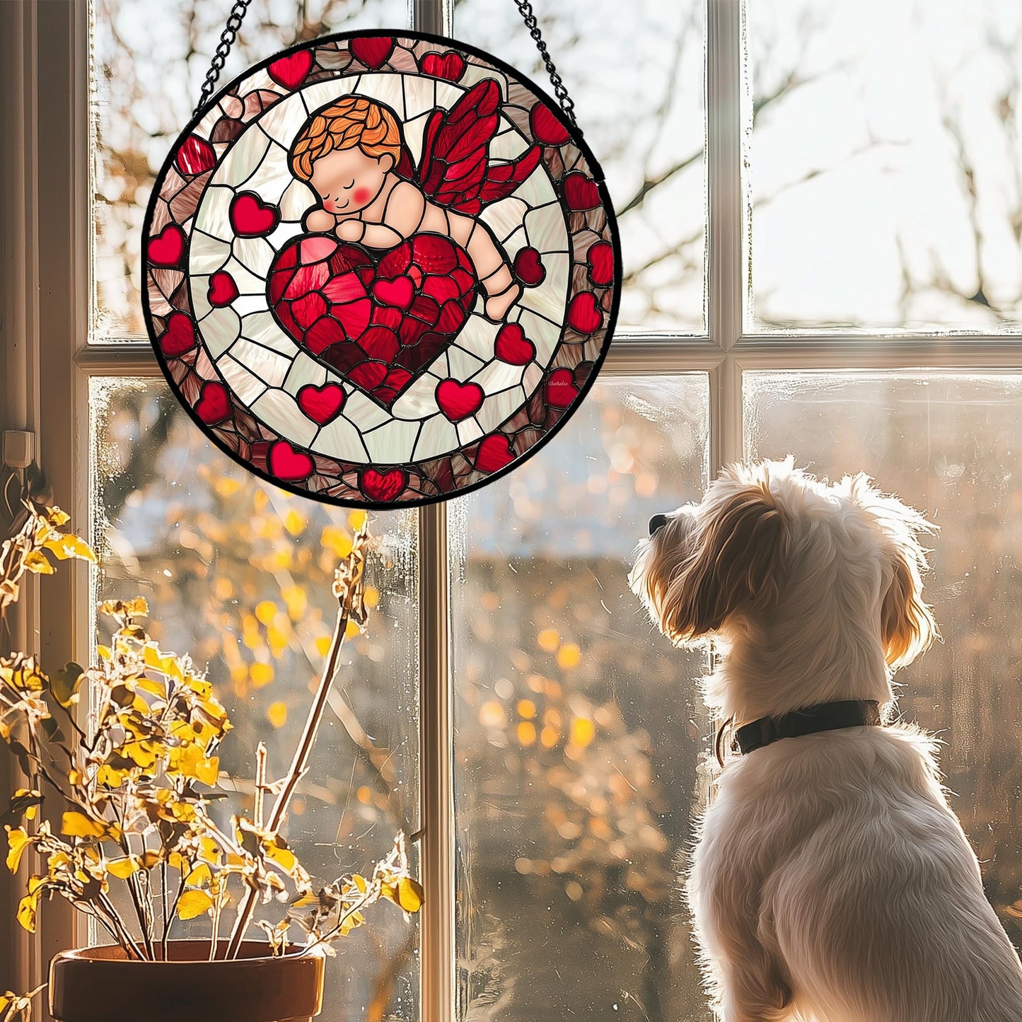 AMDERVEN Stained Glass Window Hanging - Red Love Angel Sun Catcher for Door Garden Home Decor Cute Suncatcher Christmas Mother's Day Birthday for Women Men Mom Nana 6.3 in