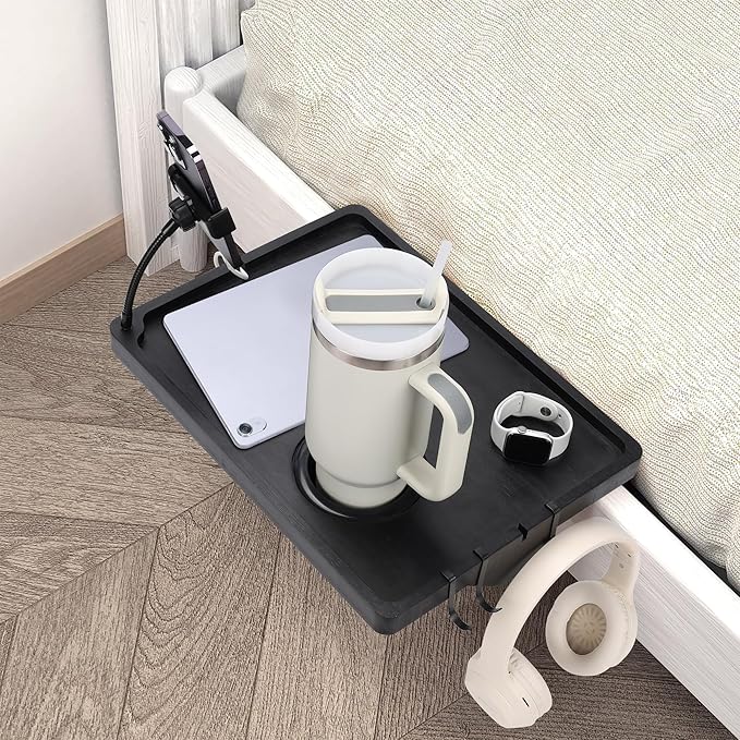 Bedside Shelf for Dorm Bed & Top Bunk, Bamboo Bed Side Table Tray with Cup Phone Holder & Hooks, Bedside Caddy, Clip on Nightstand Bedside Storage College Dorm Room Essentials (Black)