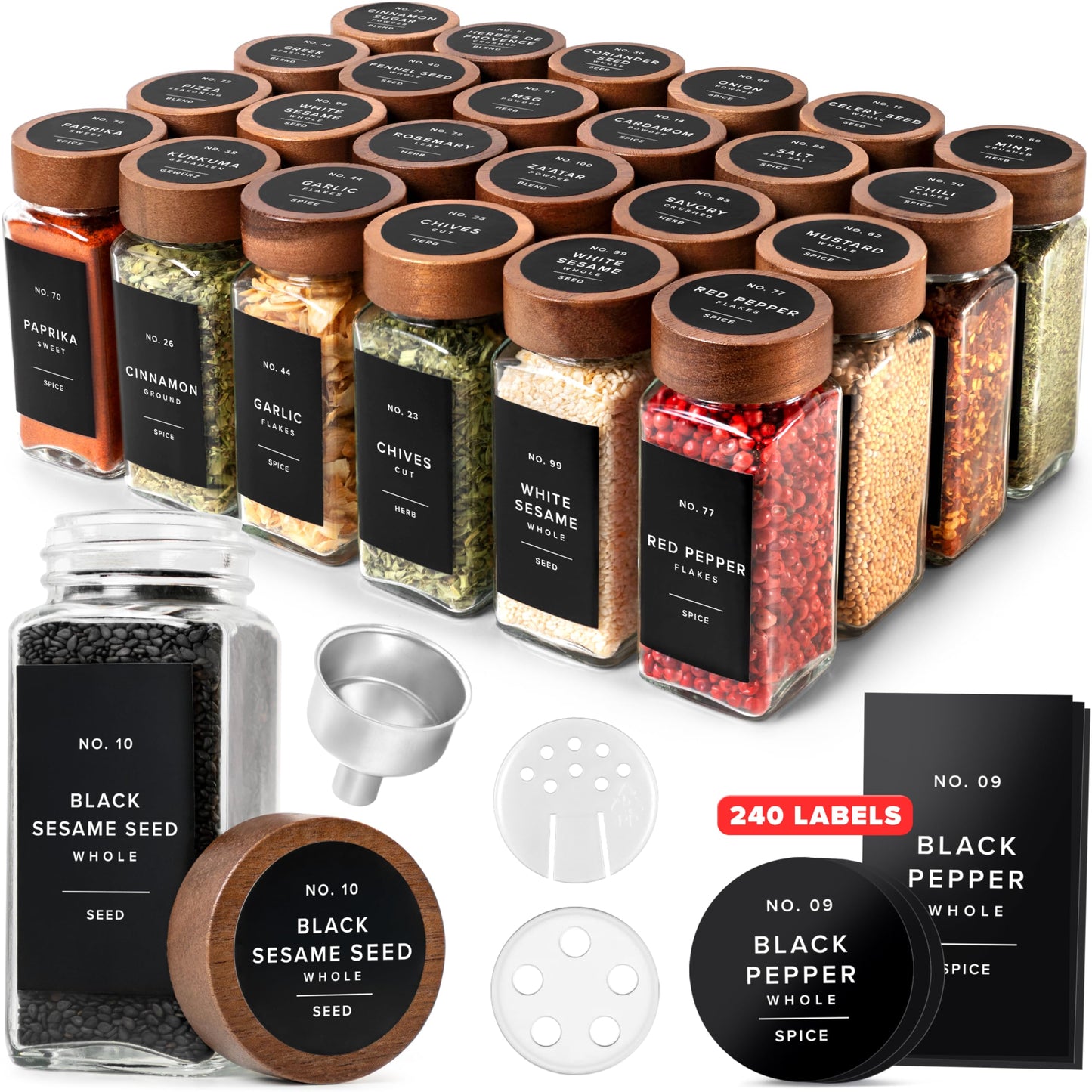 EDELHAUS® Square Spice Jars with Acacia Wooden Lid (Pack of 24) Spice Jars with Shaker Insert and 240 Labels - Acacia Lids Glass Container for Spice Organisation [4.3 in × 1.8 in]
