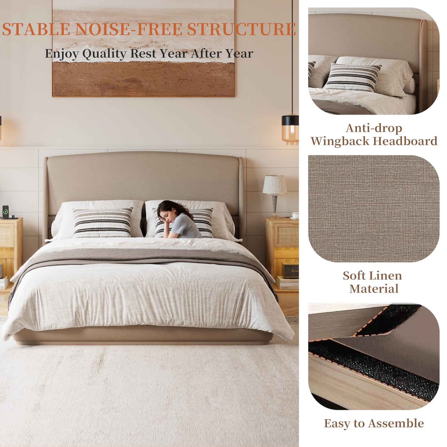 Merax Upholstered Queen Bed Frame with Wingback Headboard, Linen Fabric Platform Bed, Low Profile, Wood Slat Support, No Box Spring Needed, Easy Assembly, Brown