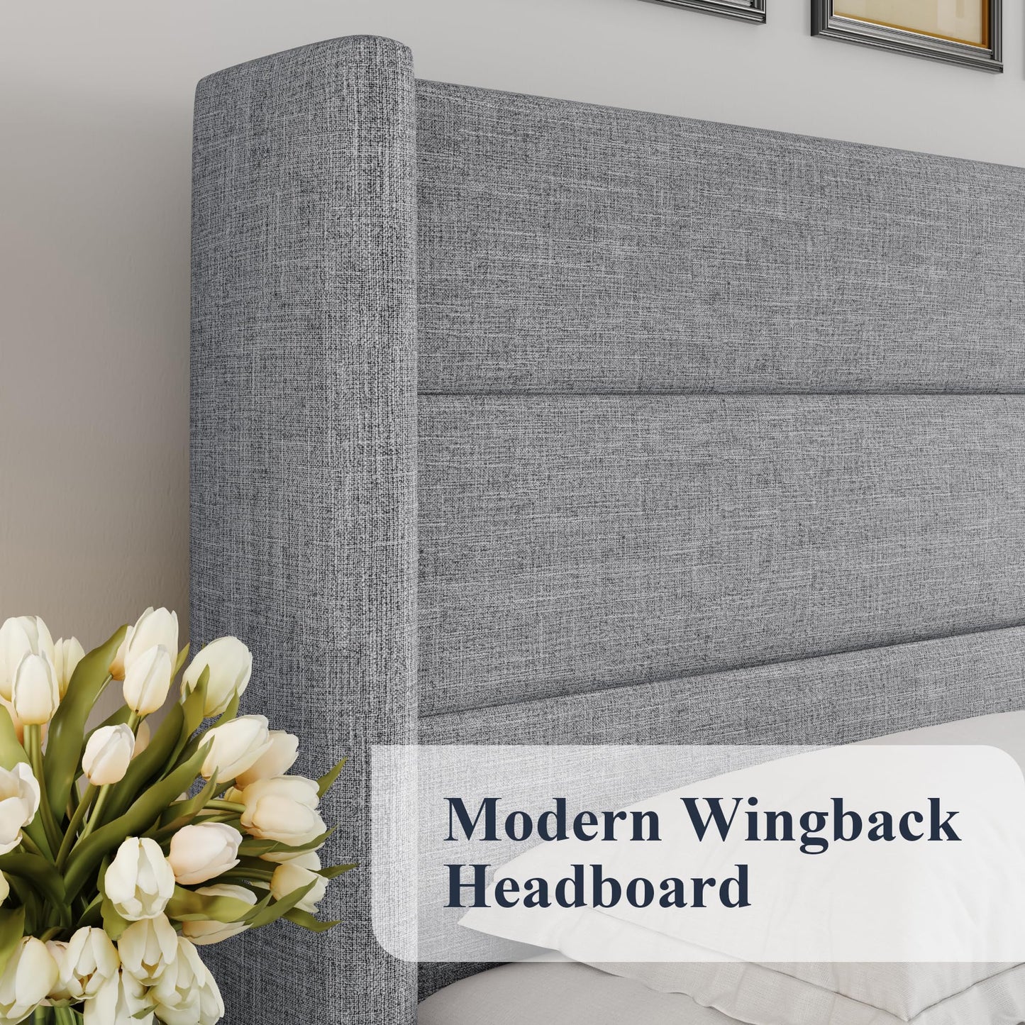 Allewie Queen Size Lift Up Storage Bed, Modern Wingback Headboard, Hydraulic Support, No Box Spring Needed, Light Grey