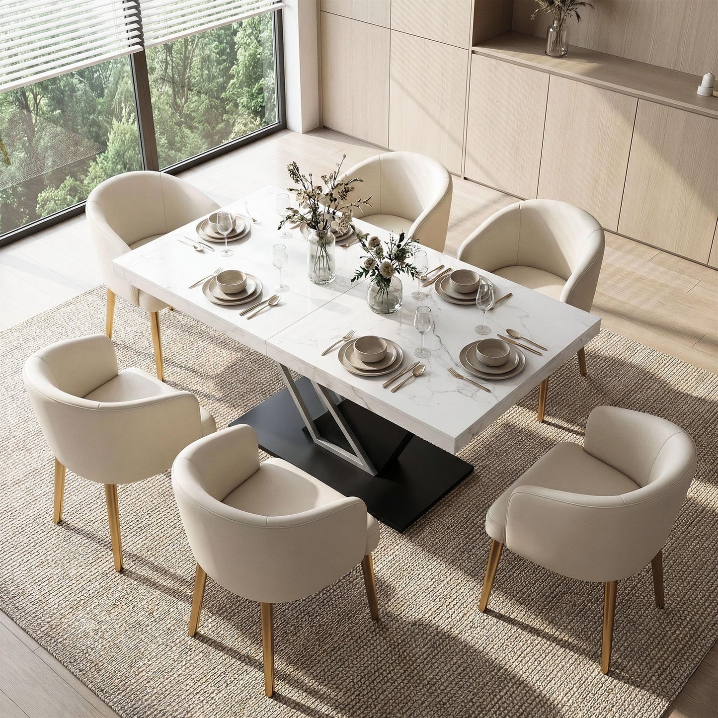COSIEST 59'' to 78.7'' Extendable Dining Table for 4-8, Faux Marble Expandable Kitchen Table with Sturdy Metal Base, Rectangle Dinner Table for Small Space, Dining Room, Living Room, White