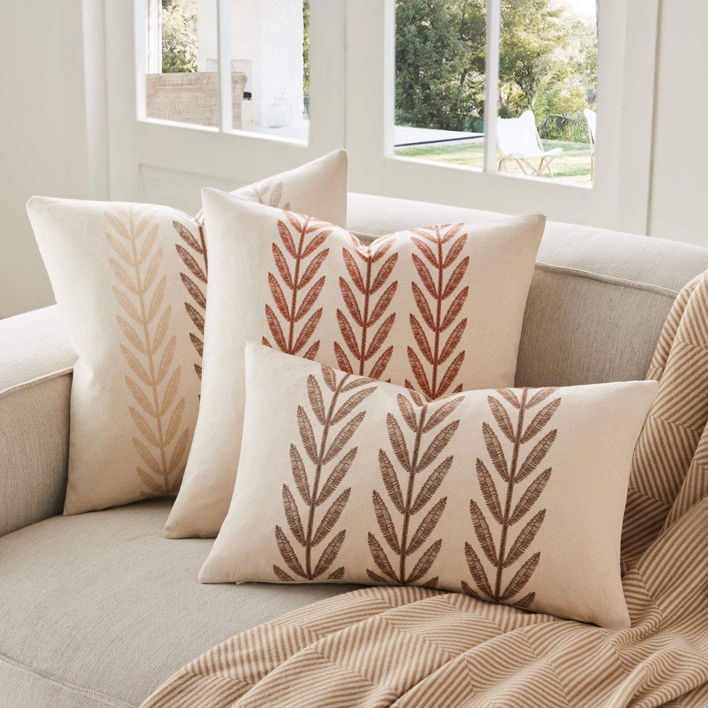 YZJZEDS 100% Cotton Farmhouse Leaves Throw Pillow Covers Set of 2, 18x18 Inch Mixed Beige Pastoral Decorative Print Cushion Covers for Sofa Bed Living Room Home Decor
