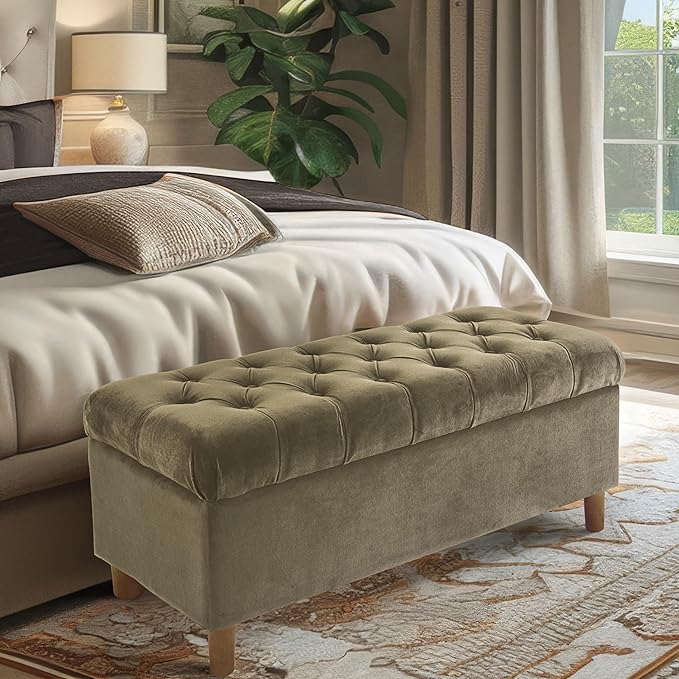Homepop Home Decor | Tufted Ainsley Button Storage Ottoman Bench with Hinged Lid | Ottoman Bench with Storage for Living Room & Bedroom,Light Sage Green Velvet