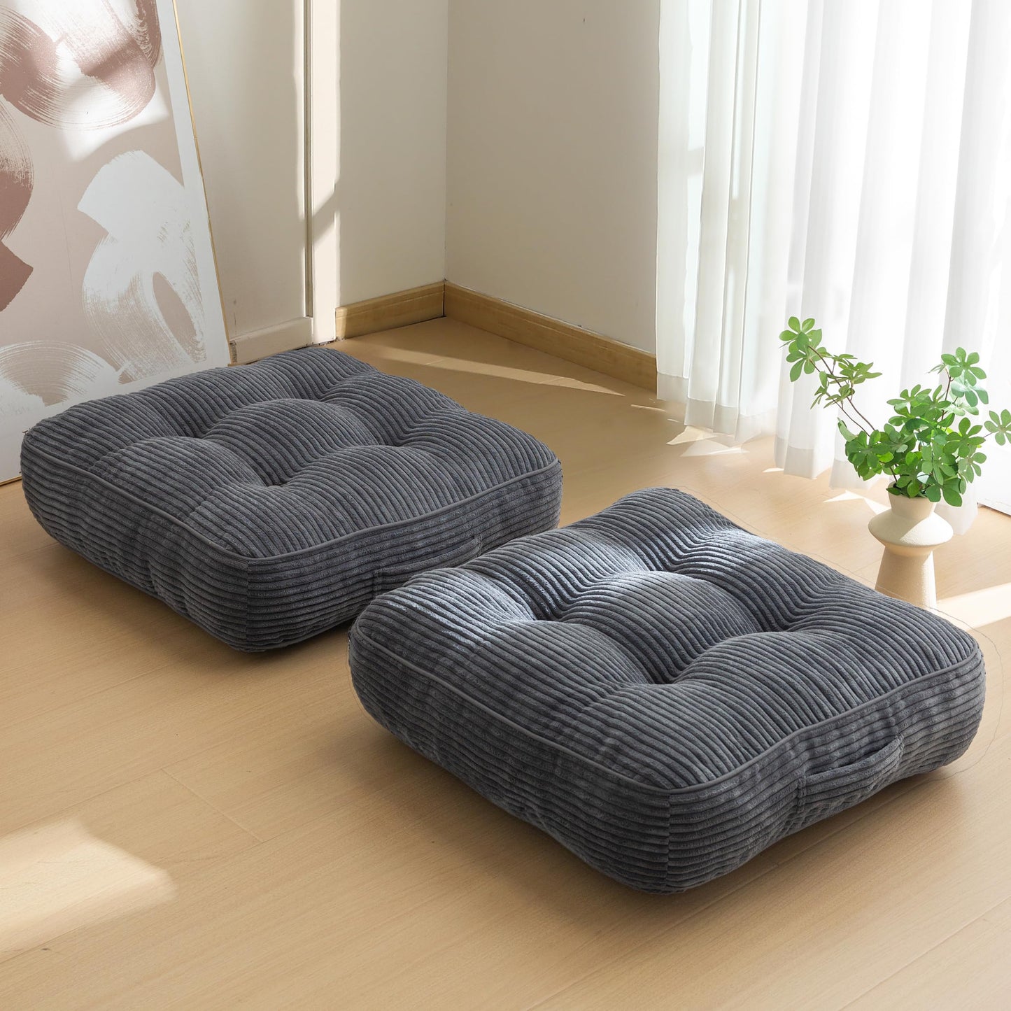 HIGOGOGO 6" Extra Thick Floor Pillow Cushion for Adults, Meditation Cushion Pillow, Large Square Floor Sitting, Tufted Corduroy Cover, for Tatami Living Room or Yoga, 22x22 Inch, 2Pack, Dark Grey