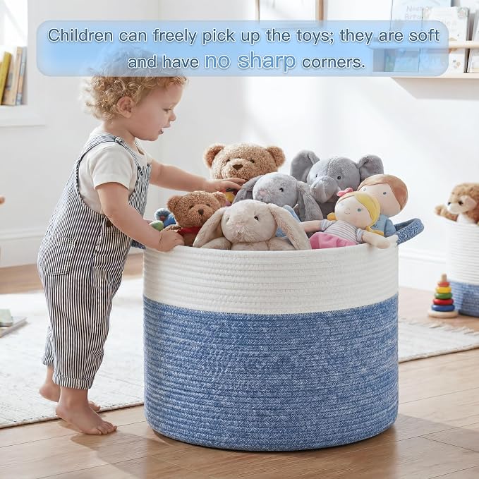 Artfeel 100L Large Cotton Rope Basket, Decorative Woven Blanket Storage for Living Room, Boho Toy Storage & Toy Box for Kids, Versatile Laundry Basket & Nursery Hamper for Blankets(DenimBlue)