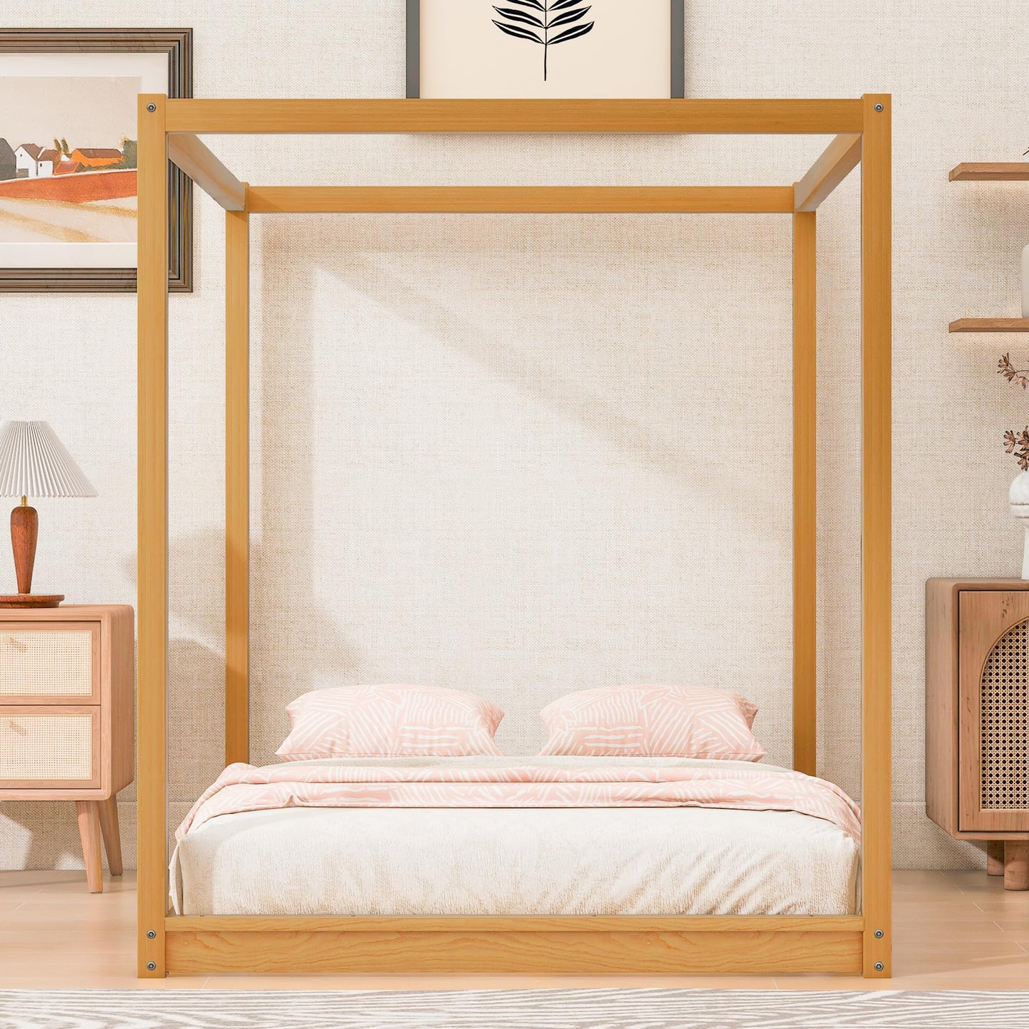 Queen Bed Frame with Canopy Legs, Wood Platform, Wooden Slats Support, No Box Spring Needed