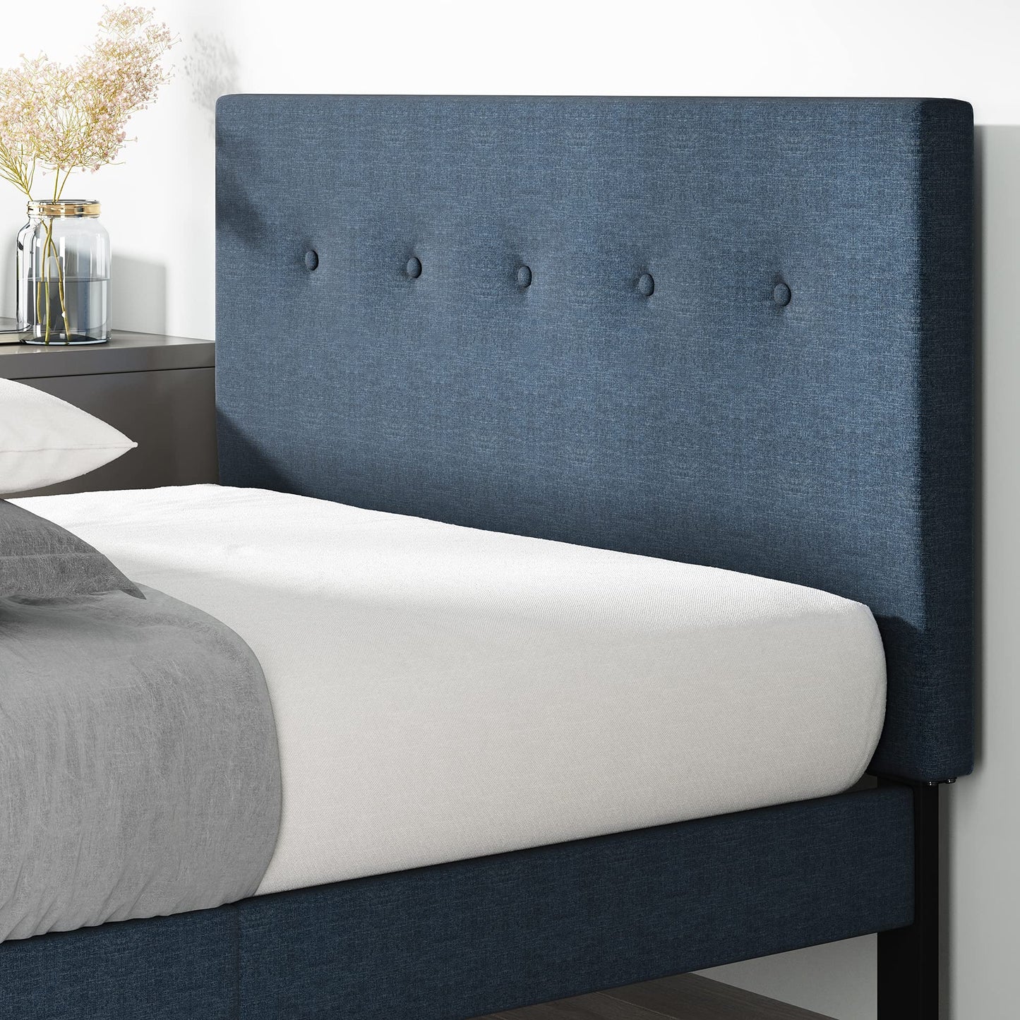 Zinus Omkaram Upholstered Platform Bed Frame, Mattress Foundation, Wood Slat Support, No Box Spring Needed, Easy Assembly, Queen