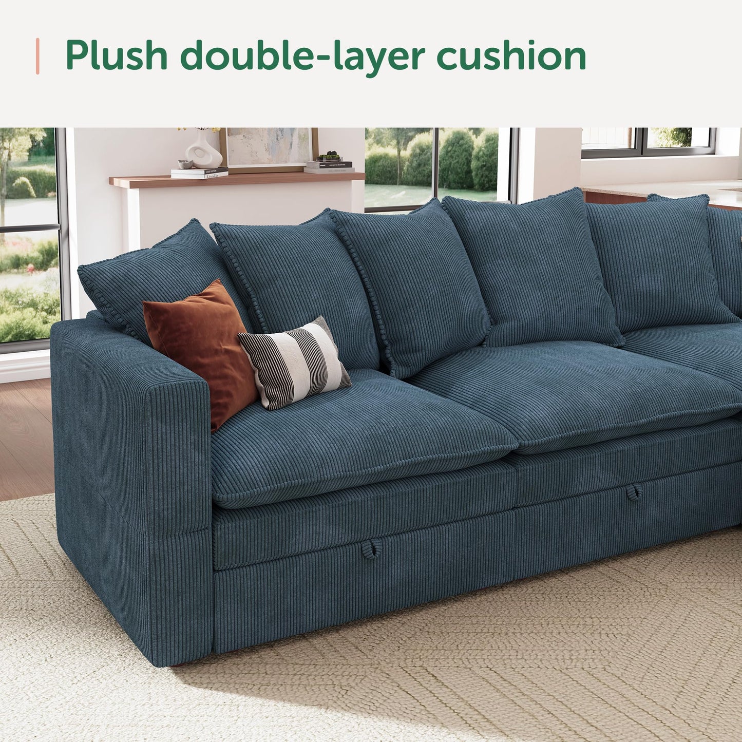 HONBAY Modular Sectional Sofa, 6 Seaters Corduroy Sectional Couchwith Ottoman, L Shaped Sofa with Storage & Pillows, Blue
