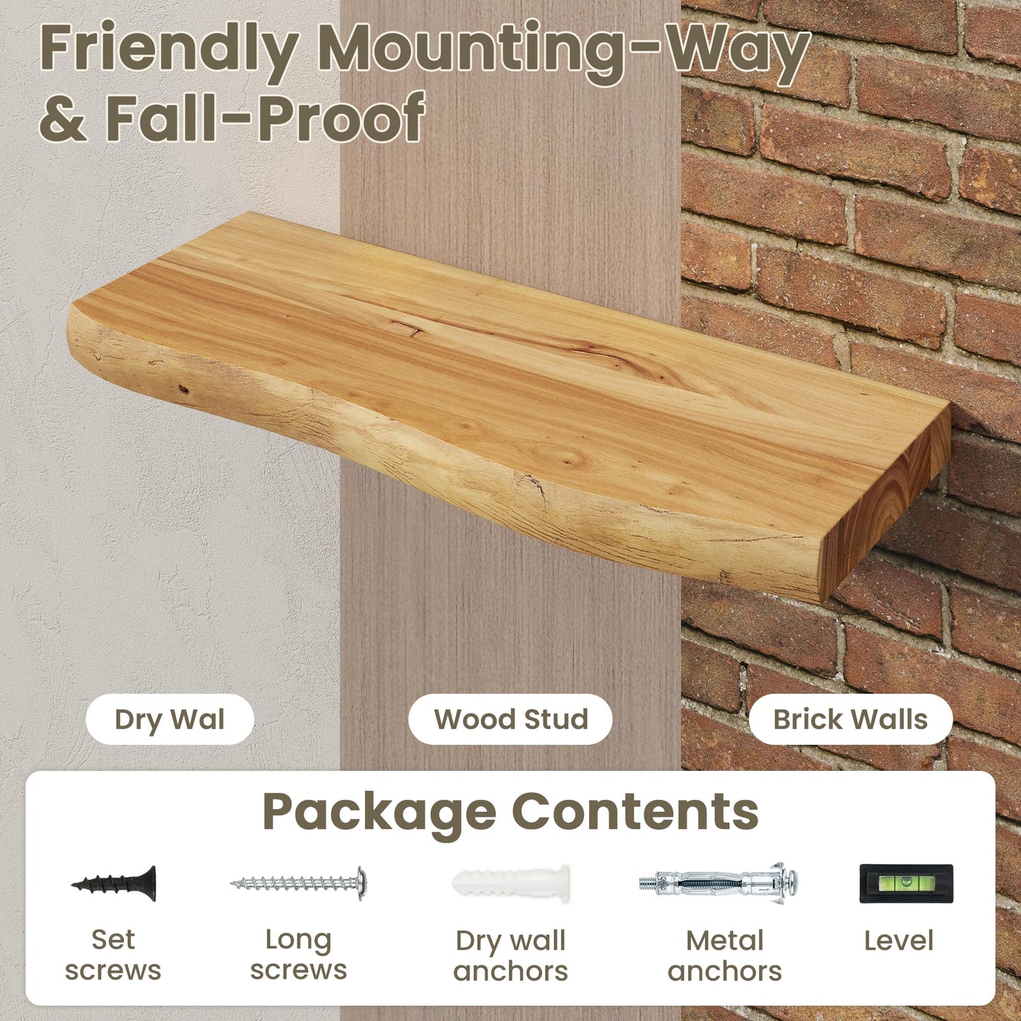 Floating Shelves for Wall, Solid Elm Wood 20 x 8 Inch Live Edge Floating Shelves Set of 2, Natural Edge Wall Shelves with Invisible Brackets, Rustic Wood Decor for Living Room Bedroom Kitchen, Natural