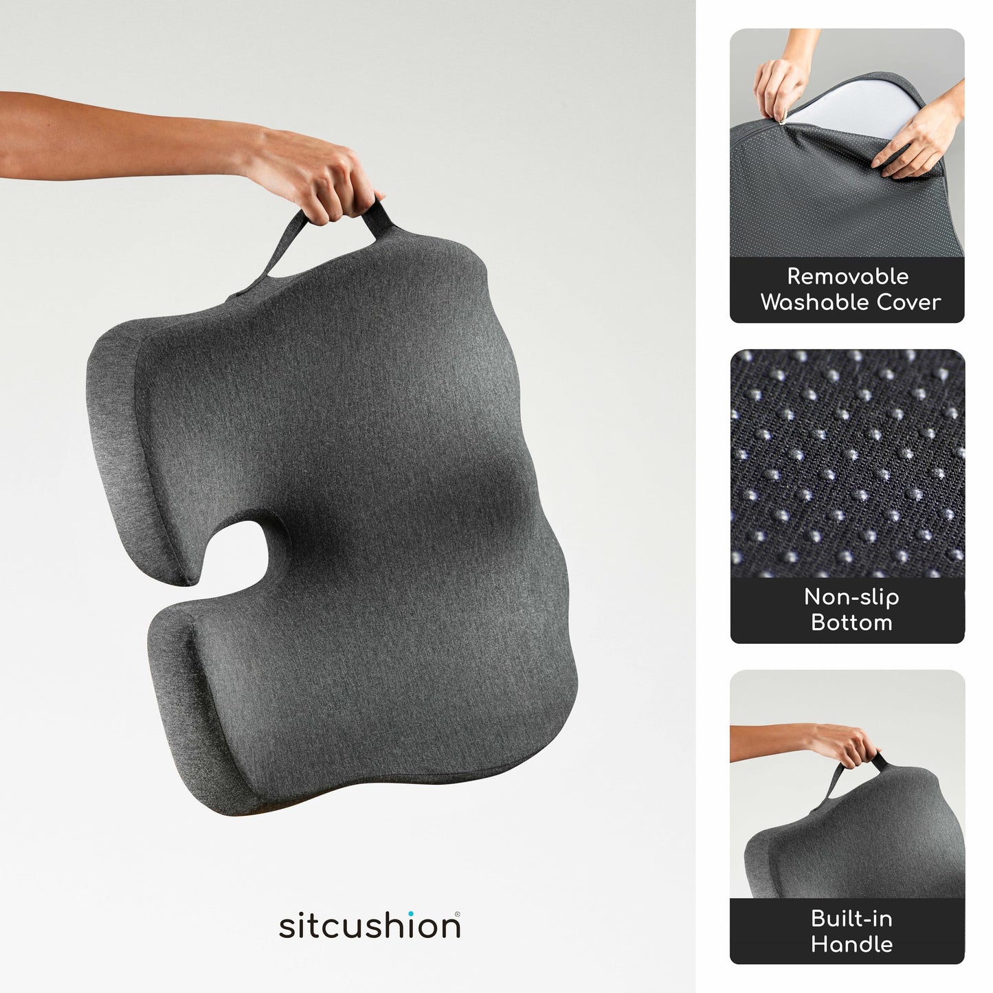 SitCushion Ergonomic Seat Cushion for Sciatica & Tailbone Pain Relief – Extra Large Memory Foam Office Chair Cushion for Long Sitting, Orthopedic Coccyx Cushion for Desk Chair, Car & Wheelchair(Black)