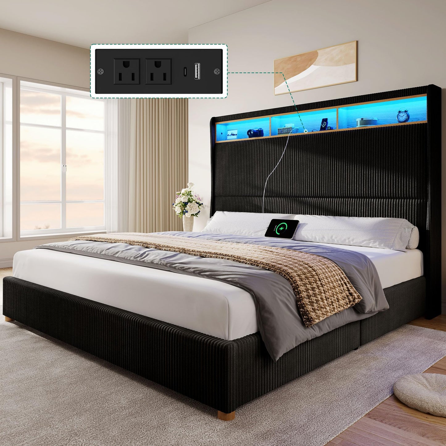 DWVO King Size Corduroy Upholstered Platform Bed Frame with Charging Station and RGB LED Lights, 53’’ Tall Storage Wingback Headboard, No Box Spring Needed, Easy Assembly, Noise-Free, Black