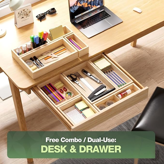 9-Pack Solid Wood Junk Drawer Organizer, Modular Desk Drawer Tray & Accessories with Non-Slip Pad, Multi-Use for Kitchen, Office, Bedroom Dresser, Utensil, Makeup, Stationery, Tea Bags & Coffee Pod
