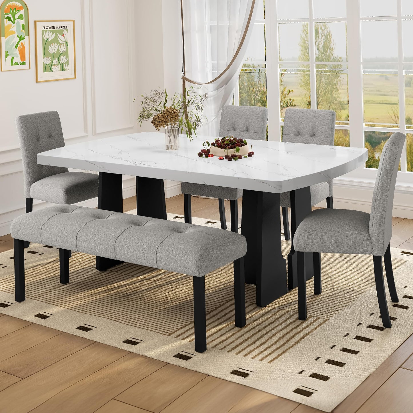 GDFStudio 6 Piece Faux Marble Dining Set with Bench, 63" Oval Kitchen Table with 4 Upholstered Tufted Chairs, Rubber Wood Legs, Modern Dining Room Furniture, Gray & White