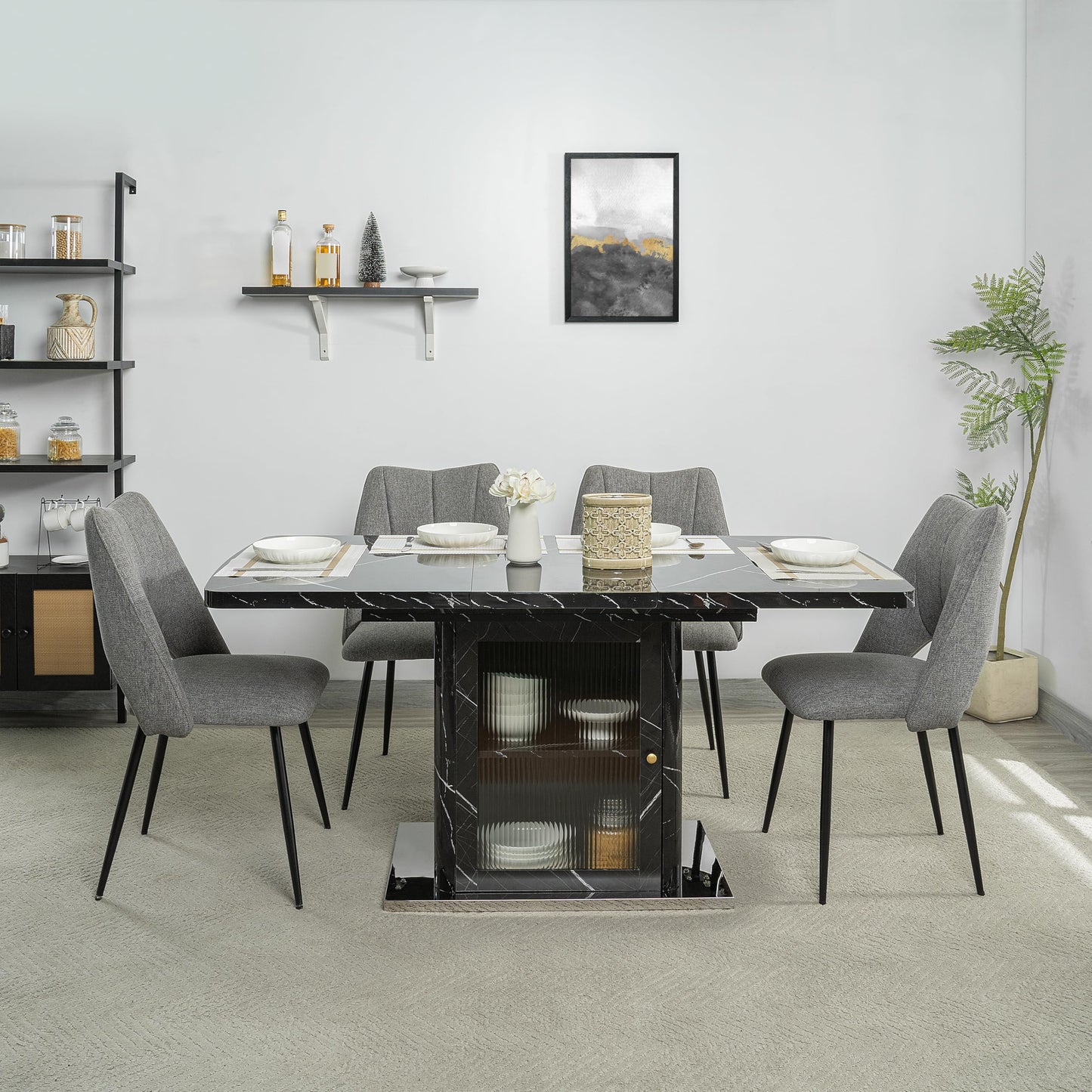 GDFStudio 47.24"-63" Farmhouse Extendable Dining Table for 4-6, Printed Marble Top Rectangle Dining Table with Storage Shelves & Glass Door Cabinet, Space Saving Kitchen and Dining Room Table, Black