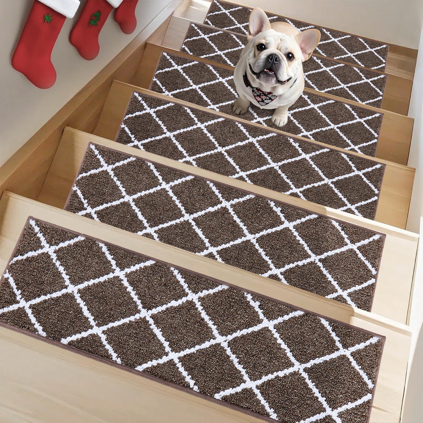Non-Slip Stair Treads for Wooden Steps Indoor, 15 Pack 9" X 28" Edging Stair Carpet Mat with TPE Backing, 0.4" Thick Stair Runners for Kids Elders & Pets, 100% Polyester Stair Rugs, Brown&White