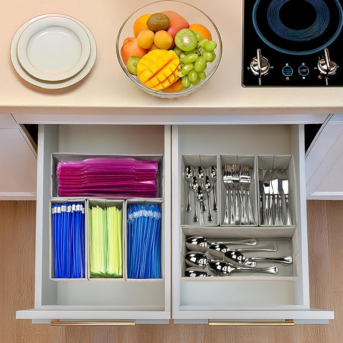 Drawer Organizer, 4-Piece Rigid Fabric Bins for Kitchen | Ideal for kitchen, bathroom, cosmetics, utensils, silverware, and gallon, quart, sandwich & snack bags