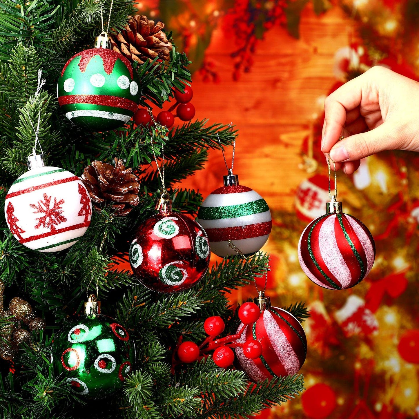 Hungdao 30 Pcs 2.36 Inches Shatterproof Christmas Tree Ball Ornaments Set, Plastic Red Green White Elf Glittering Xmas Hanging Bulbs Pendants for Christmas Tree Decoration Holiday Party Home Decor
