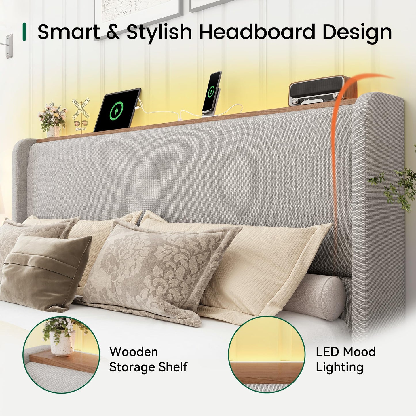 LARMACE Queen Size Bed Frame with LED Lights and Charging Station Linen Upholstered Platform Bed Frame with 51.2" Tall Wingback Headboard and Storage Shelf, No Box Spring Needed, Easy Assembly, Grey