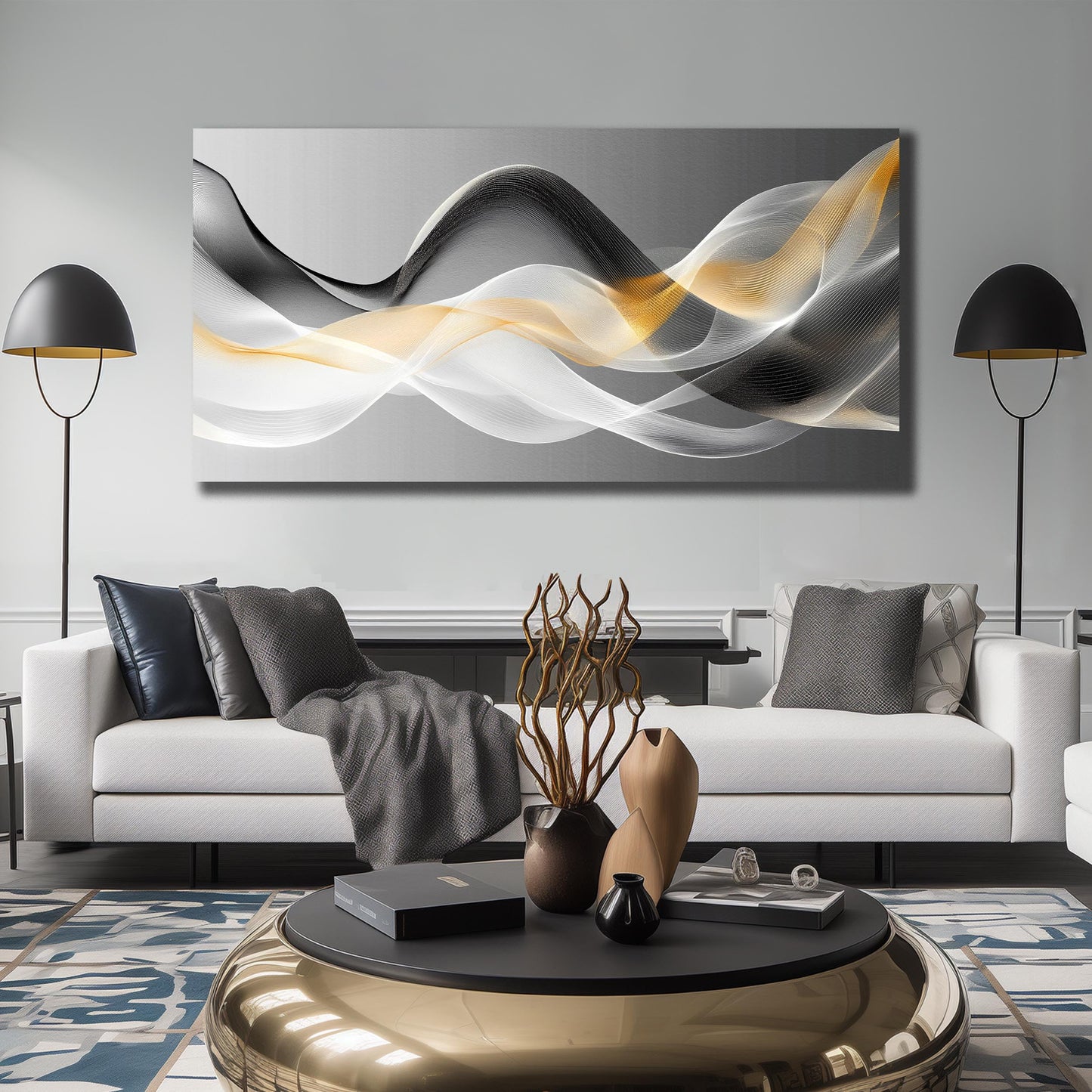 JuhaiArt Abstract Wall Art White Wall Decor for Living Room Office Large Black Canvas Art Picture Gold Artwork 29" x 59" Modern Prints