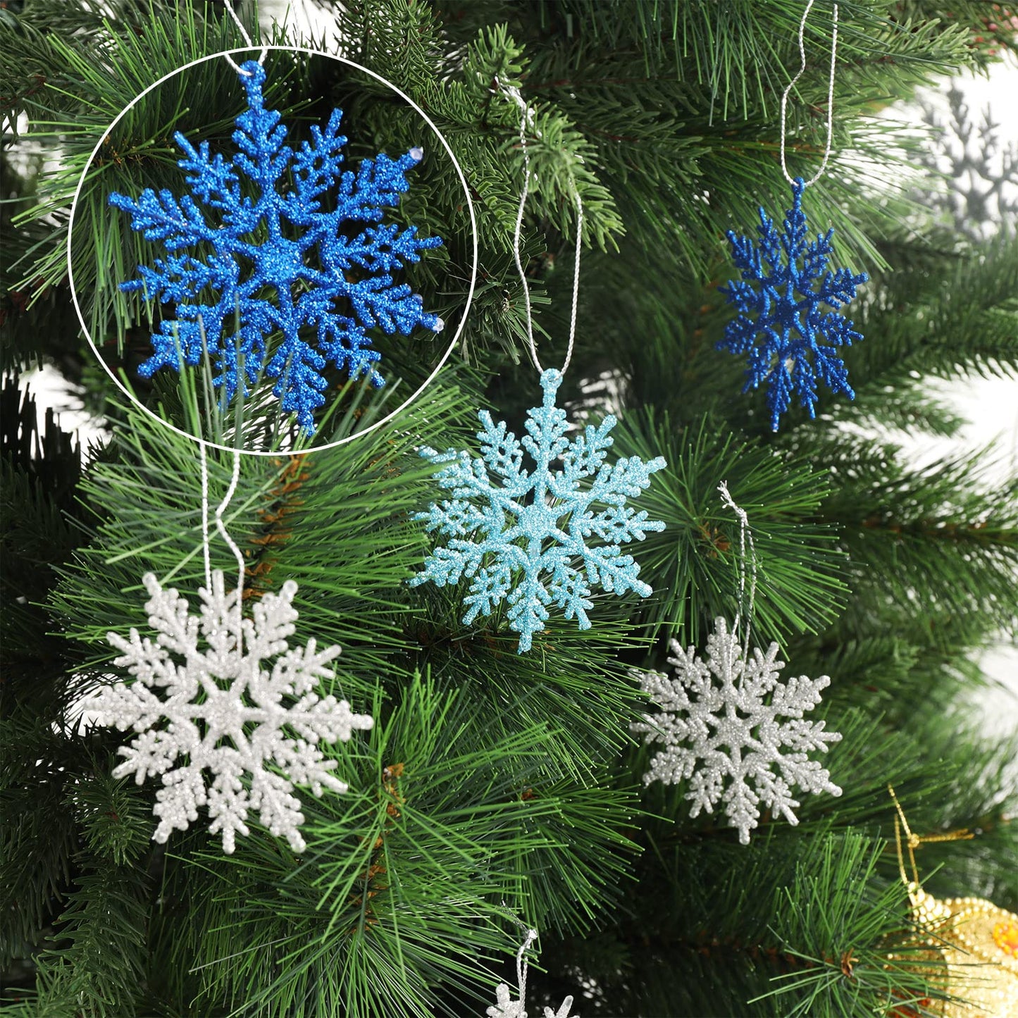 Whaline 45Pcs Winter Snowflake Hanging Ornament mas Glitter Blue Silver Pendant with String for Christmas Tree Winter Wonderland Holiday Party Decor