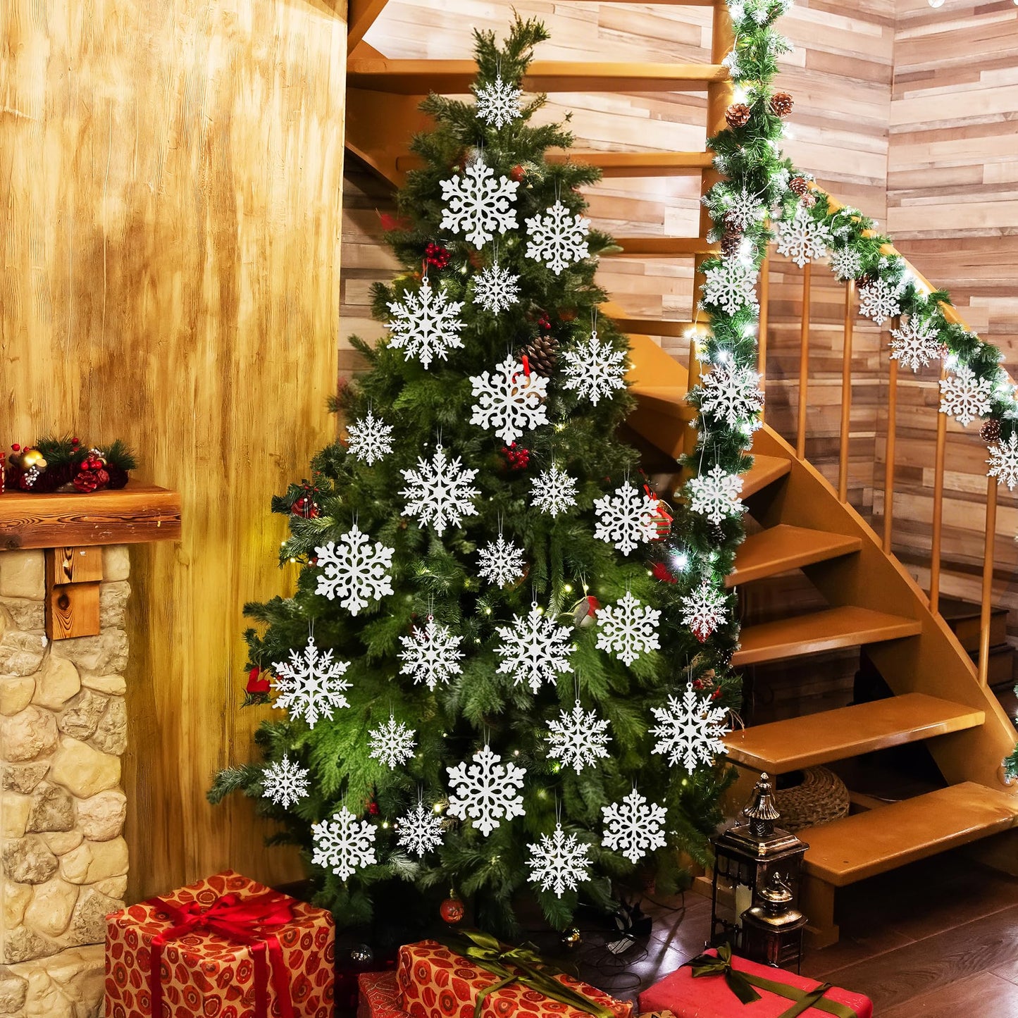 24PCS Snowflake Ornaments, Christmas White Snowflakes Tree Decorations, Plastic Glitter Snow Flakes Decorating Hanging, Xmas Tree Ornaments Indoor Ceiling Fireplace Winter Wonderland Decor
